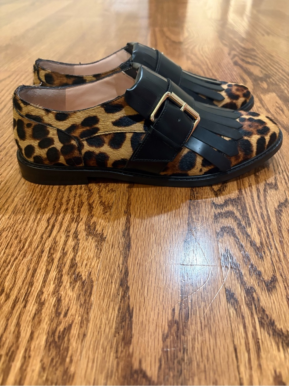 Leopard Print Loafers with Black Fringe & Buckle